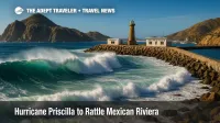 Large Pacific swells pound the Cabo San Lucas harbor entrance as Hurricane Priscilla strengthens, highlighting Mexican Riviera coastal hazards.