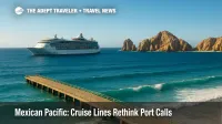 Large cruise ship at anchor off Cabo San Lucas with visible swell and a closed tender pier, illustrating Mexican Riviera expedition cruise impacts from Hurricane Priscilla.