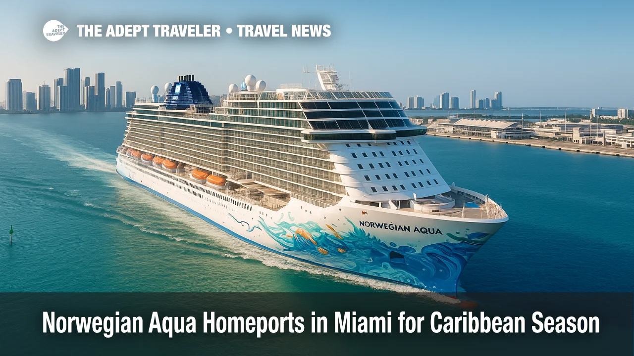 Norwegian Aqua departs Miami for seven-day Caribbean cruises, with Great Stirrup Cay and the Great Tides Waterpark upgrades highlighted.