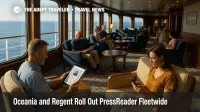 Luxury cruise lounge scene with guests using the PressReader app to read digital newspapers and magazines on personal devices at sea.