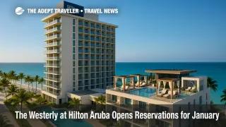 Oceanfront view of The Westerly at Hilton Aruba with adults-only rooftop cabanas and pools, highlighting luxury resort amenities on Palm Beach.
