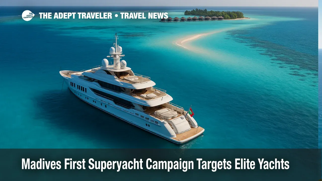 A superyacht anchored in a turquoise Maldives lagoon near over-water villas, showcasing the Maldives superyacht campaign and luxury yacht destination appeal.