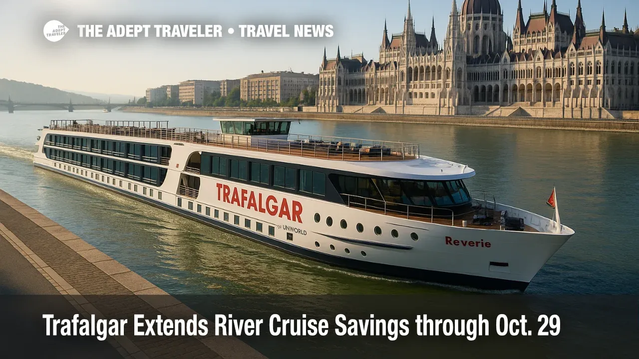 Trafalgar Reverie sails the Danube past Budapest's Parliament, illustrating Trafalgar river cruise savings for 2026 itineraries on the Danube and Rhine.