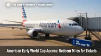 American Airlines jet at a gate with World Cup 26 signage, illustrating AAdvantage miles for World Cup tickets and tournament travel options.
