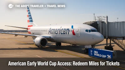 American Airlines jet at a gate with World Cup 26 signage, illustrating AAdvantage miles for World Cup tickets and tournament travel options.