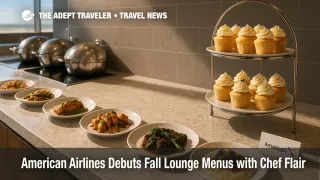 An American Airlines Flagship lounge buffet with chef-style fall plates and vanilla cupcakes, illustrating new Admirals Club and Flagship lounge menus.