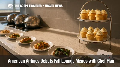 An American Airlines Flagship lounge buffet with chef-style fall plates and vanilla cupcakes, illustrating new Admirals Club and Flagship lounge menus.