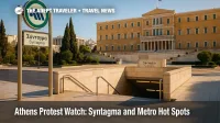 Syntagma Square metro entrance facing Parliament in bright daylight, illustrating Athens demonstration watch and potential station closures.