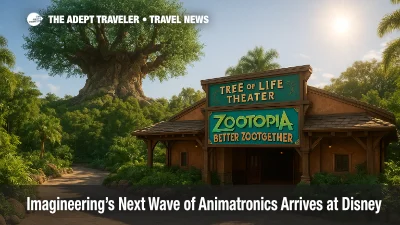 Exterior of Animal Kingdom's Tree of Life Theater on a sunny morning, illustrating new Audio-Animatronics updates and the Zootopia show debut.