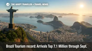 A sweeping aerial of Rio de Janeiro with Christ the Redeemer and Sugarloaf, illustrating the Brazil tourism record and strong international arrivals.
