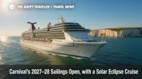 Carnival Miracle sails past England's white cliffs under clear skies, promoting the solar eclipse cruise and Carnival 2027-28 sailings.