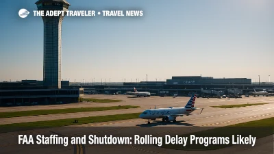 O'Hare tower and active ramp under clear skies illustrate an FAA ground delay program with EDCT sequencing during the morning travel push.