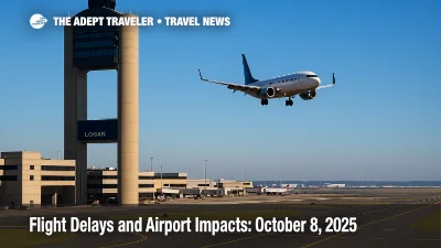 Aircraft on final approach by the Boston Logan control tower under gusty winds, illustrating national flight delays and airport impacts.