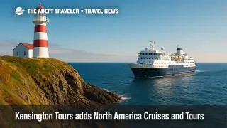 Expedition cruise ship near a Newfoundland lighthouse on sunlit cliffs, highlighting private guided travel and an expedition cruise along Canada's Atlantic coast.