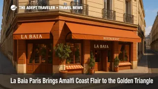 La Baia Paris entrance in the Golden Triangle, an Amalfi Coast-inspired restaurant with warm terracotta design and a seafood-focused menu.