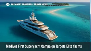 A superyacht anchored in a turquoise Maldives lagoon near over-water villas, showcasing the Maldives superyacht campaign and luxury yacht destination appeal.