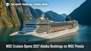 MSC Poesia sails through Tracy Arm on a clear day, highlighting the upgraded MSC Yacht Club for MSC Cruises Alaska 2027.