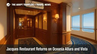 Entrance to Oceania Allura's Jacques restaurant with classic French design cues, highlighting Oceania Cruises' revived Jacques restaurant experience.