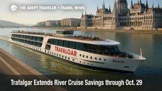 Trafalgar Reverie sails the Danube past Budapest's Parliament, illustrating Trafalgar river cruise savings for 2026 itineraries on the Danube and Rhine.