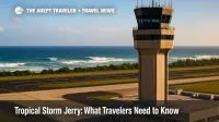 San Juan airport control tower with distant Atlantic swells building ahead of Tropical Storm Jerry, highlighting hurricane forecast and airport disruptions.