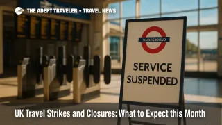 Closed Tube gates and National Rail board at a London station illustrating UK travel strikes and planned engineering works this month.