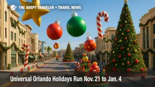 Universal Orlando holidays parade with Macy's balloons and festive floats passing the 80-foot tree along the Universal Studios Florida route.