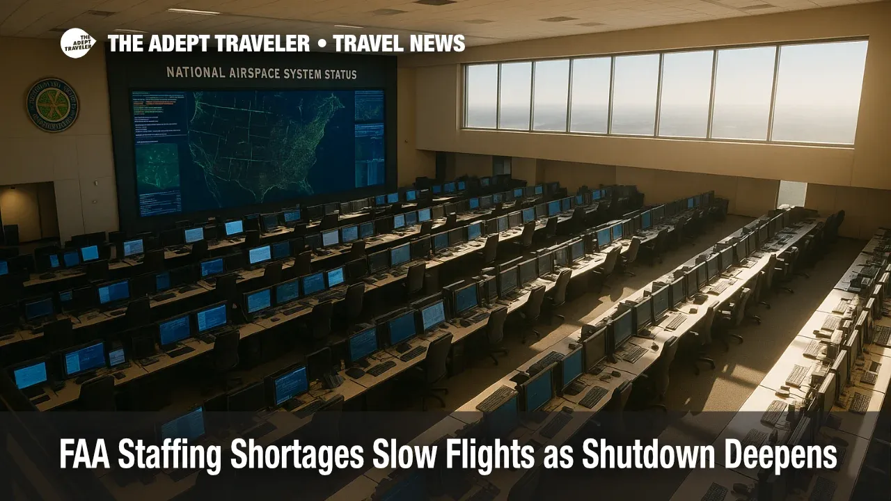 FAA operations room with NAS status displays during government shutdown, illustrating FAA staffing shortages and targeted ground-delay programs.