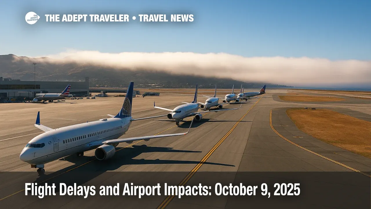 A marine layer over SFO slows a departure queue as aircraft wait on the ramp, illustrating flight delays and ground delay program operations.