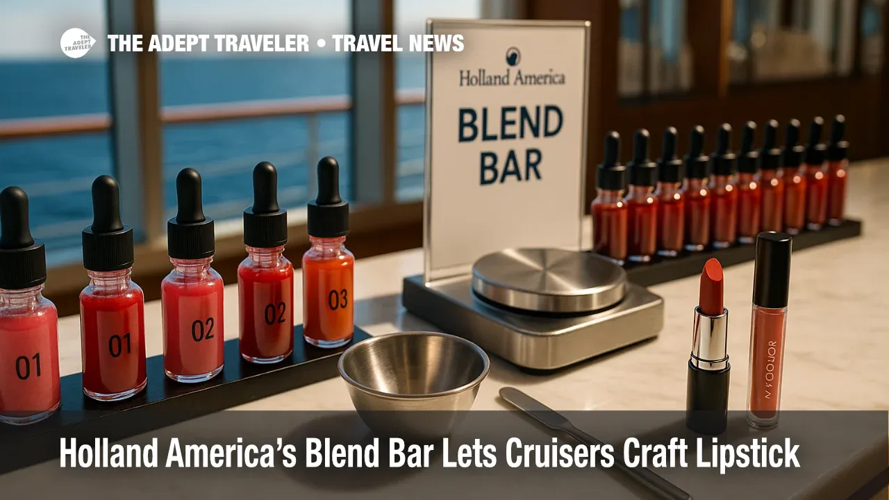 A shipboard boutique counter shows a consultant's lipstick blending station with pigments and labeled tubes, highlighting Holland America Blend Bar custom lipstick.