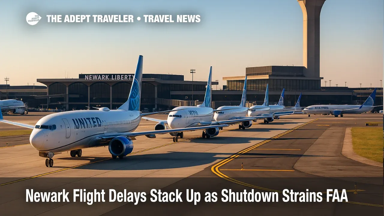 Aircraft line up for departure at Newark Liberty during FAA staffing-trigger delays, illustrating Newark flight delays and Northeast ripple effects.