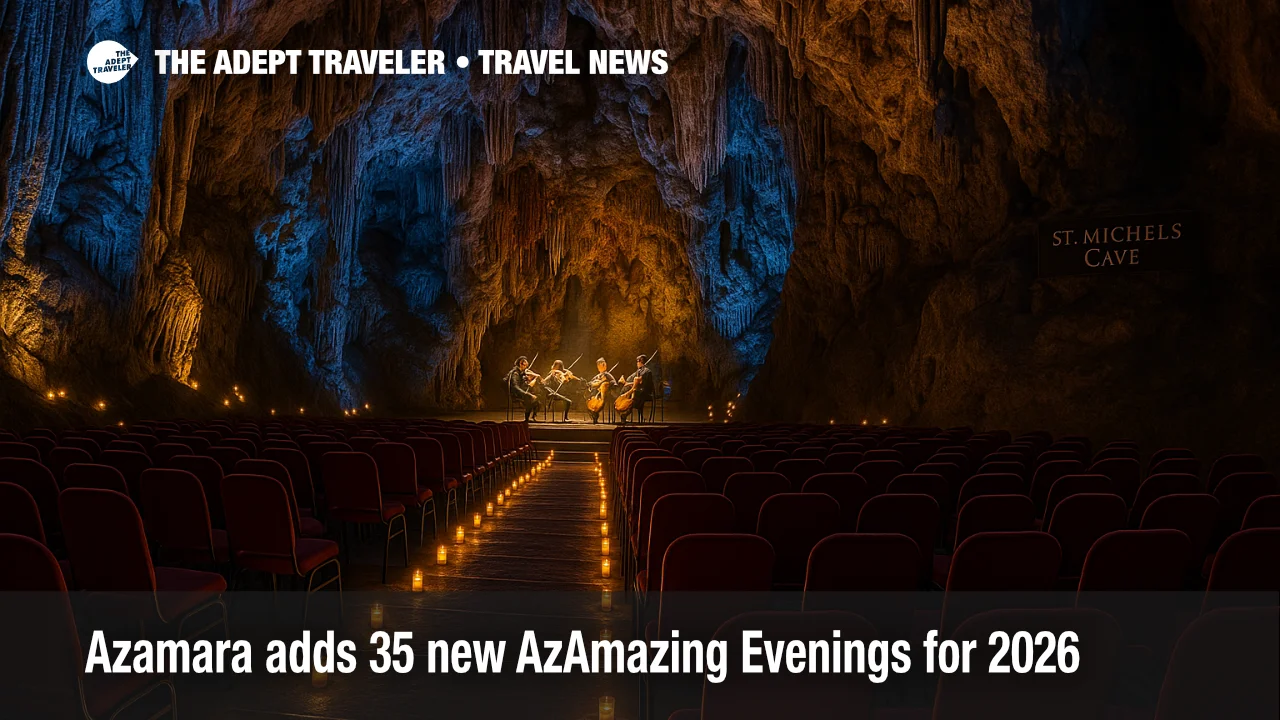 Candle-lit concert setting inside St. Michael's Cave highlights Azamara's AzAmazing Evenings cultural shore experience for 2026.