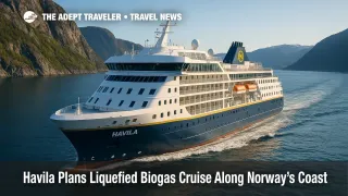 Havila Polaris sails a fjord on a climate-neutral liquefied biogas cruise, with bright morning light and visible Havila funnel and wake.