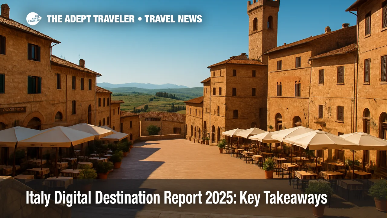 Sunlit Tuscan hilltown square with café terraces and vineyards, illustrating Italy Digital Destination Report trends for culture, gastronomy, and off-season travel.