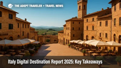 Sunlit Tuscan hilltown square with café terraces and vineyards, illustrating Italy Digital Destination Report trends for culture, gastronomy, and off-season travel.