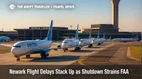Aircraft line up for departure at Newark Liberty during FAA staffing-trigger delays, illustrating Newark flight delays and Northeast ripple effects.