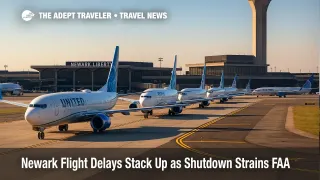 Aircraft line up for departure at Newark Liberty during FAA staffing-trigger delays, illustrating Newark flight delays and Northeast ripple effects.