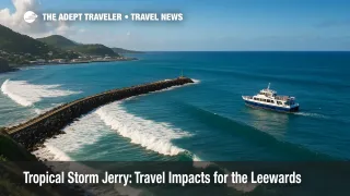Long-period swells roll into a northern Leeward harbor as clouds thicken, illustrating Tropical Storm Jerry and regional hurricane forecast impacts.