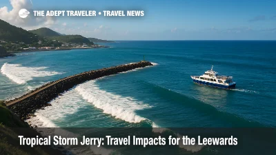 Long-period swells roll into a northern Leeward harbor as clouds thicken, illustrating Tropical Storm Jerry and regional hurricane forecast impacts.