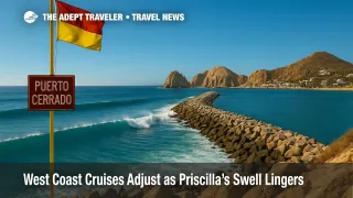 Long-period Pacific swell at Cabo San Lucas breakwater with harbor flags indicating closure, illustrating West Coast cruises itinerary changes.
