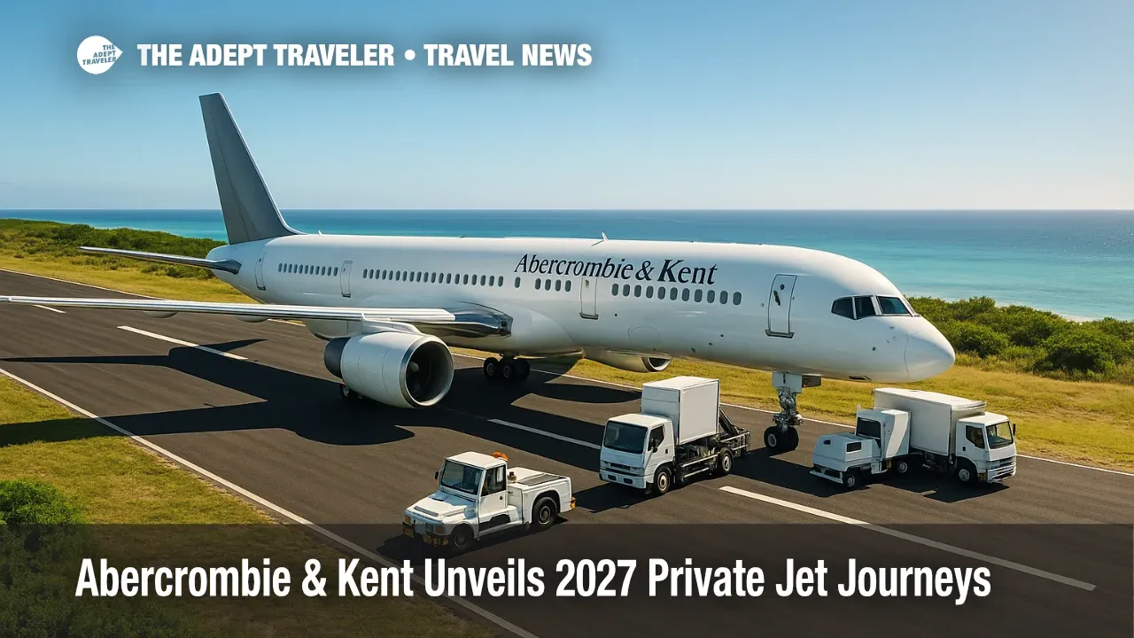 A luxury 757 on a sunlit island runway, poised for an around-the-world Abercrombie & Kent private jet journey with VIP ground service.