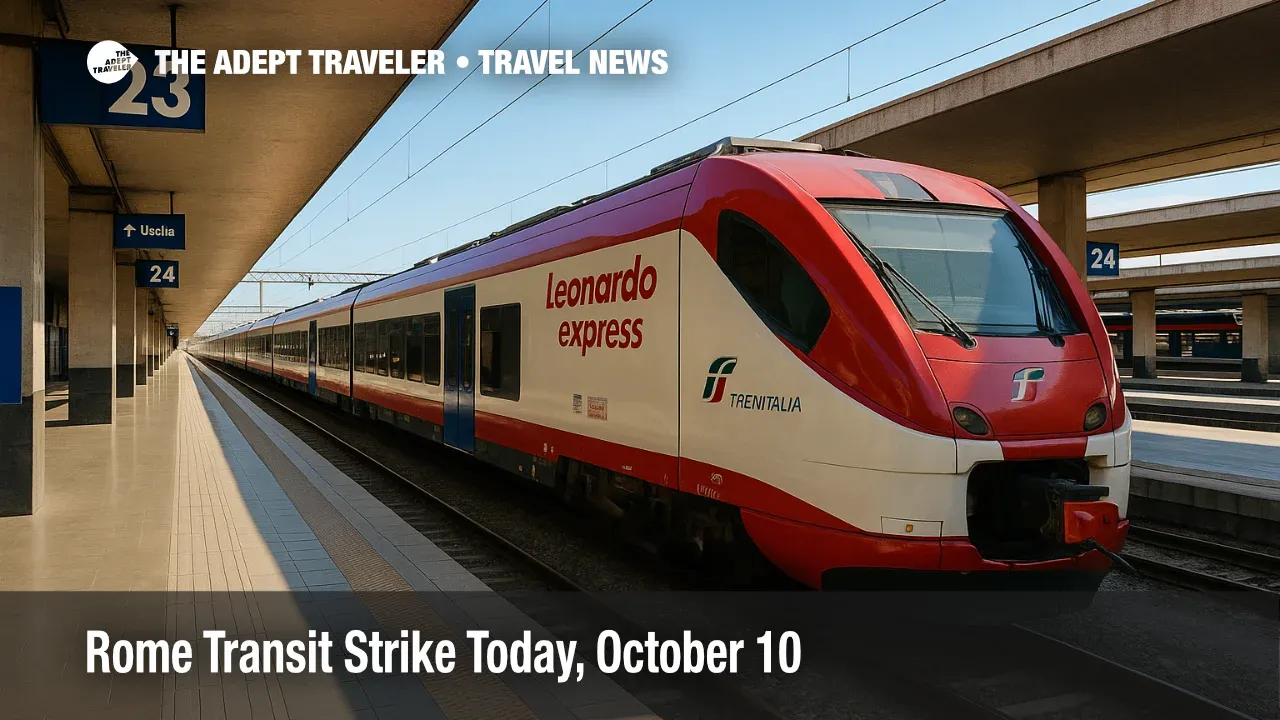 Roma Termini concourse with a Leonardo Express on platform, illustrating Rome transit strike airport transfer options via rail.