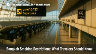 Bangkok Suvarnabhumi departures hall with subtle smoking-area signage, illustrating Bangkok smoking restrictions and airport enforcement.