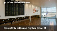 Departures hall at Brussels Airport with canceled flights board during Belgium national strike, illustrating widespread air travel disruptions.