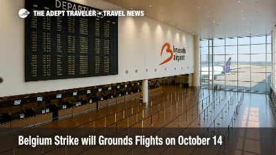 Departures hall at Brussels Airport with canceled flights board during Belgium national strike, illustrating widespread air travel disruptions.
