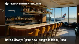 A bright British Airways lounge bar with seating and airfield views, showcasing the new airport lounge design concept introduced in Miami and Dubai.
