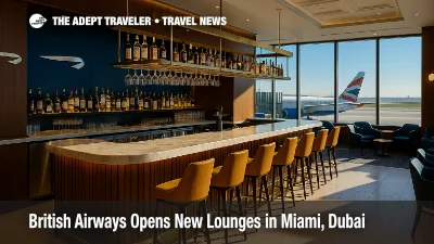 A bright British Airways lounge bar with seating and airfield views, showcasing the new airport lounge design concept introduced in Miami and Dubai.