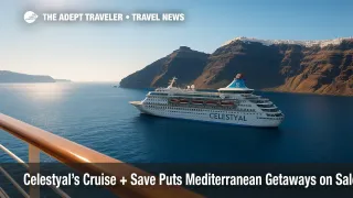 Celestyal ship off Santorini's cliffs under clear skies, illustrating Celestyal Cruise + Save value for a Greek Islands and Mediterranean cruise.