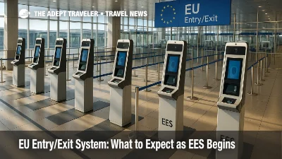 Modern airport border-control hall with EU EES biometric kiosks, showing facial-scan stations and queue lanes for the EU Entry/Exit System.