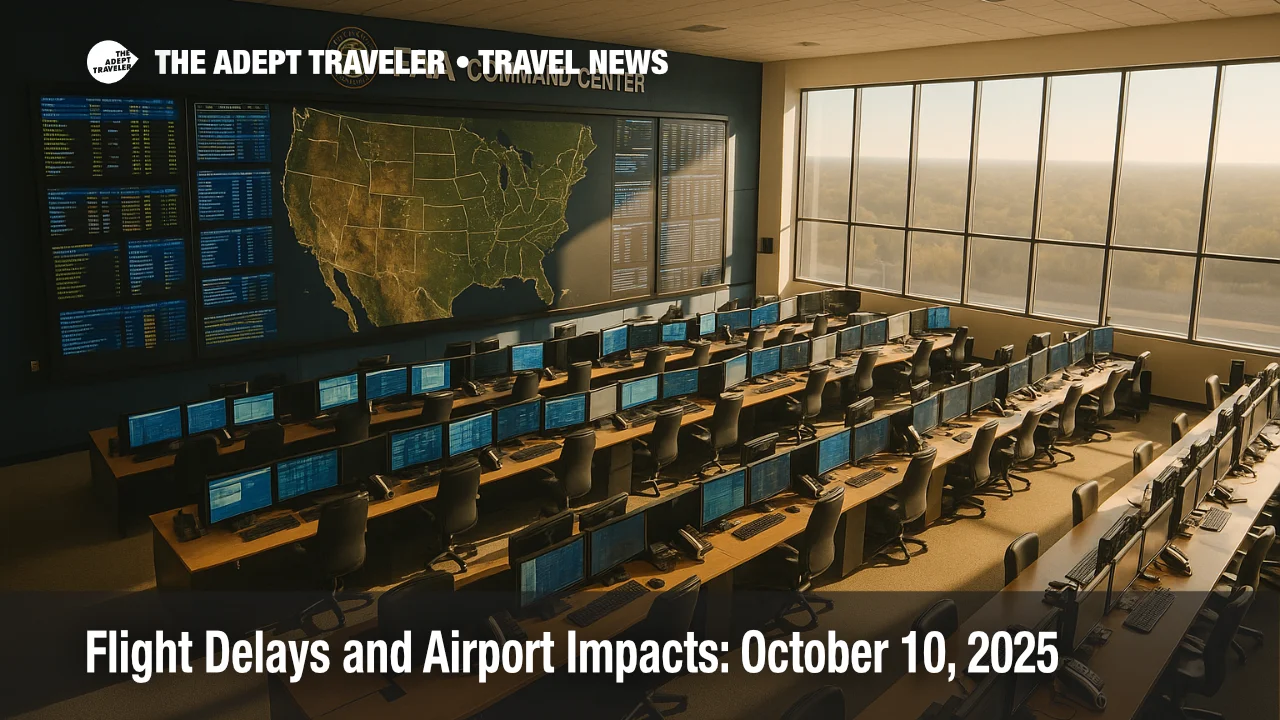 FAA Command Center operations floor with NAS status wall, illustrating ground delay program planning and nationwide flight delays.