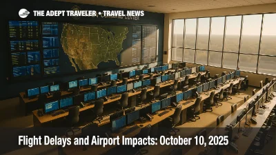 FAA Command Center operations floor with NAS status wall, illustrating ground delay program planning and nationwide flight delays.
